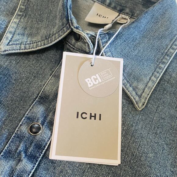 ICHI Denim Pearl Snap Puff Sleeve Dress Size 34 Western Country Sustainable - Picture 12 of 13